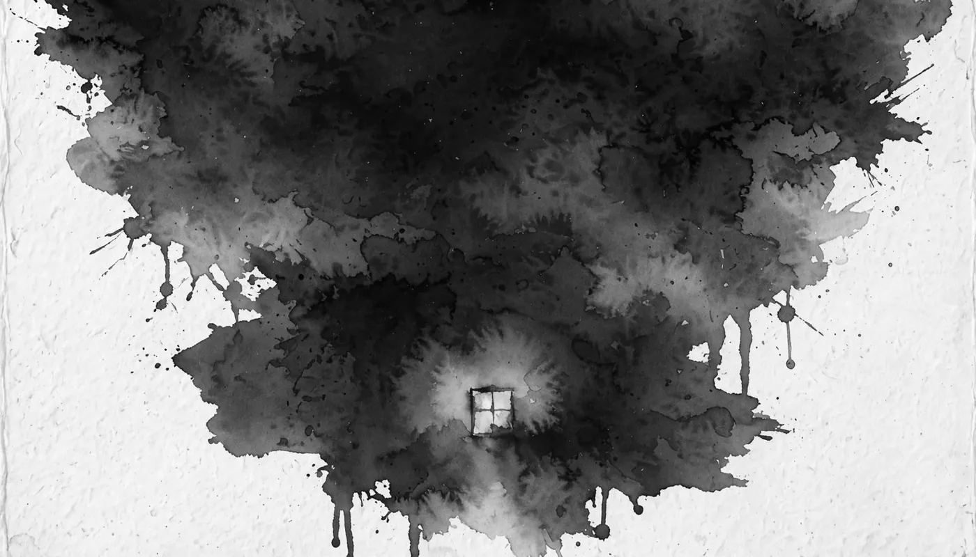 A lit window glowing in a dark ink night