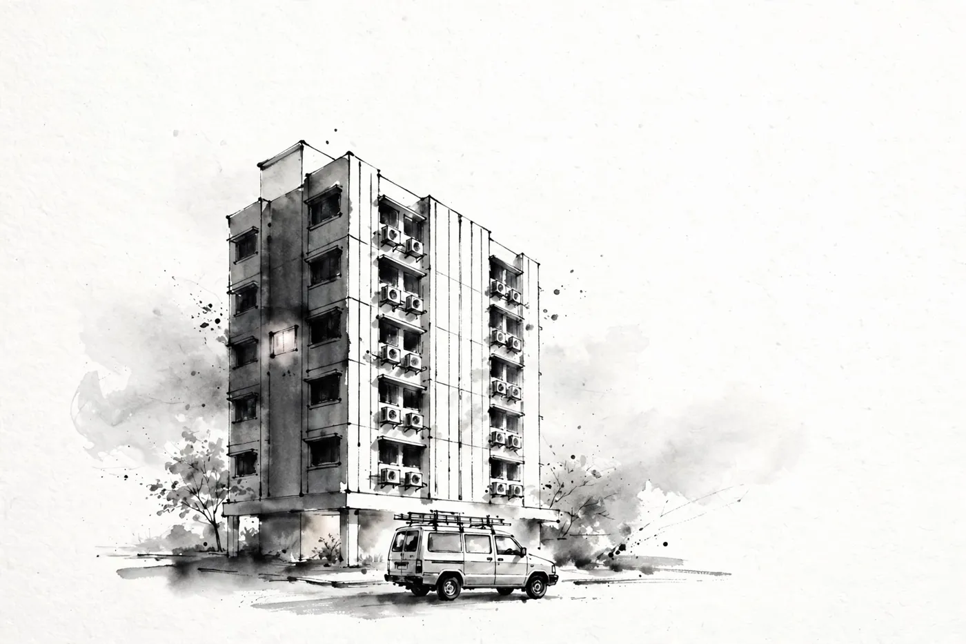 Ink illustration of a service van below a Singapore HDB block with aircon condensers