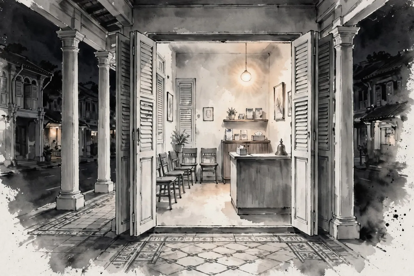 Ink illustration of a Singapore shophouse clinic reception at night
